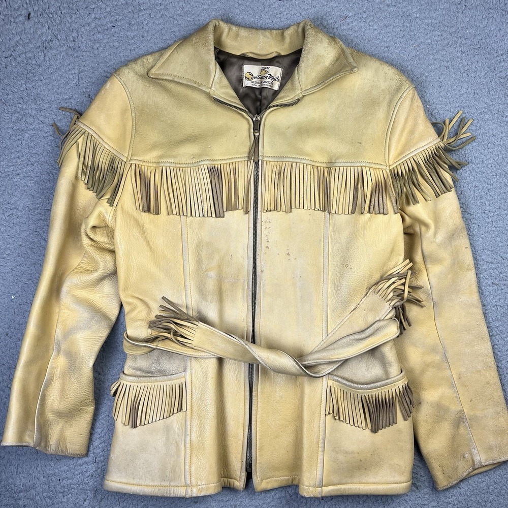 VTG Sportsman Mfg Soft Deerskin Leather‎ Belted Fringe Jacket Coat Made in USA